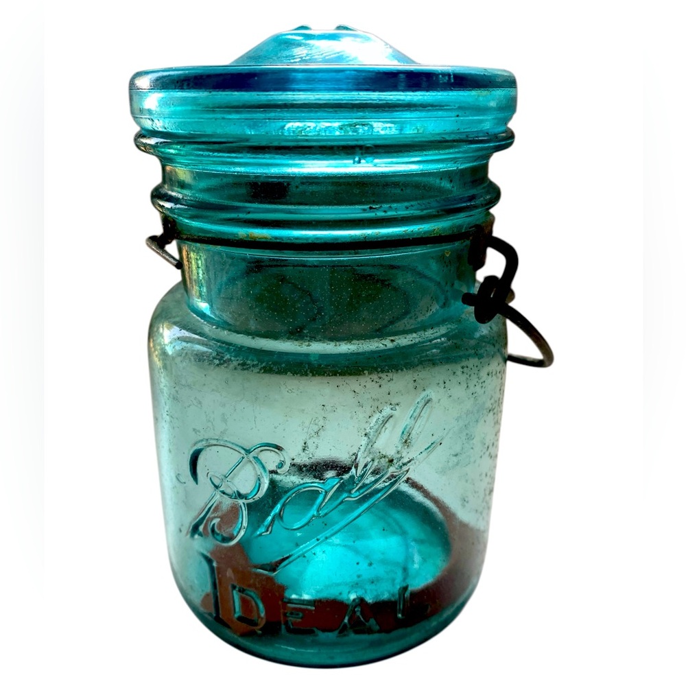 Antique 1920s BALL Ideal Aqua Blue Glass Pint Mason Jar Wire Bale Kitchen